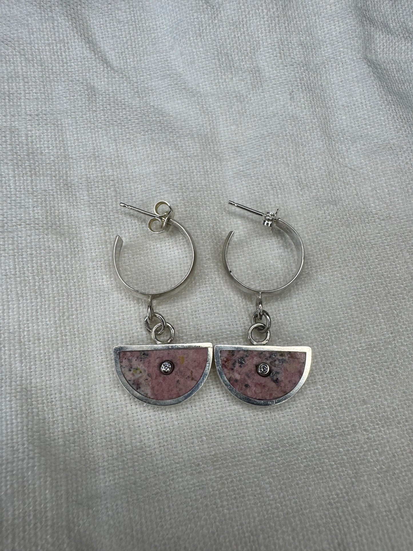 Wide Arc Earrings | Silver & 14k Gold | Rhodonite & Diamonds