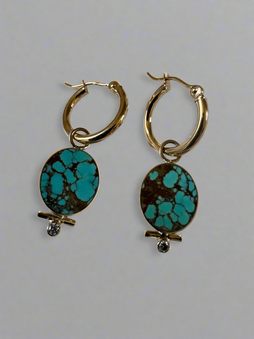 Yucca Hoop Earrings | 14k Gold | Number 8 Turquoise & Natural Diamonds | Made to Order