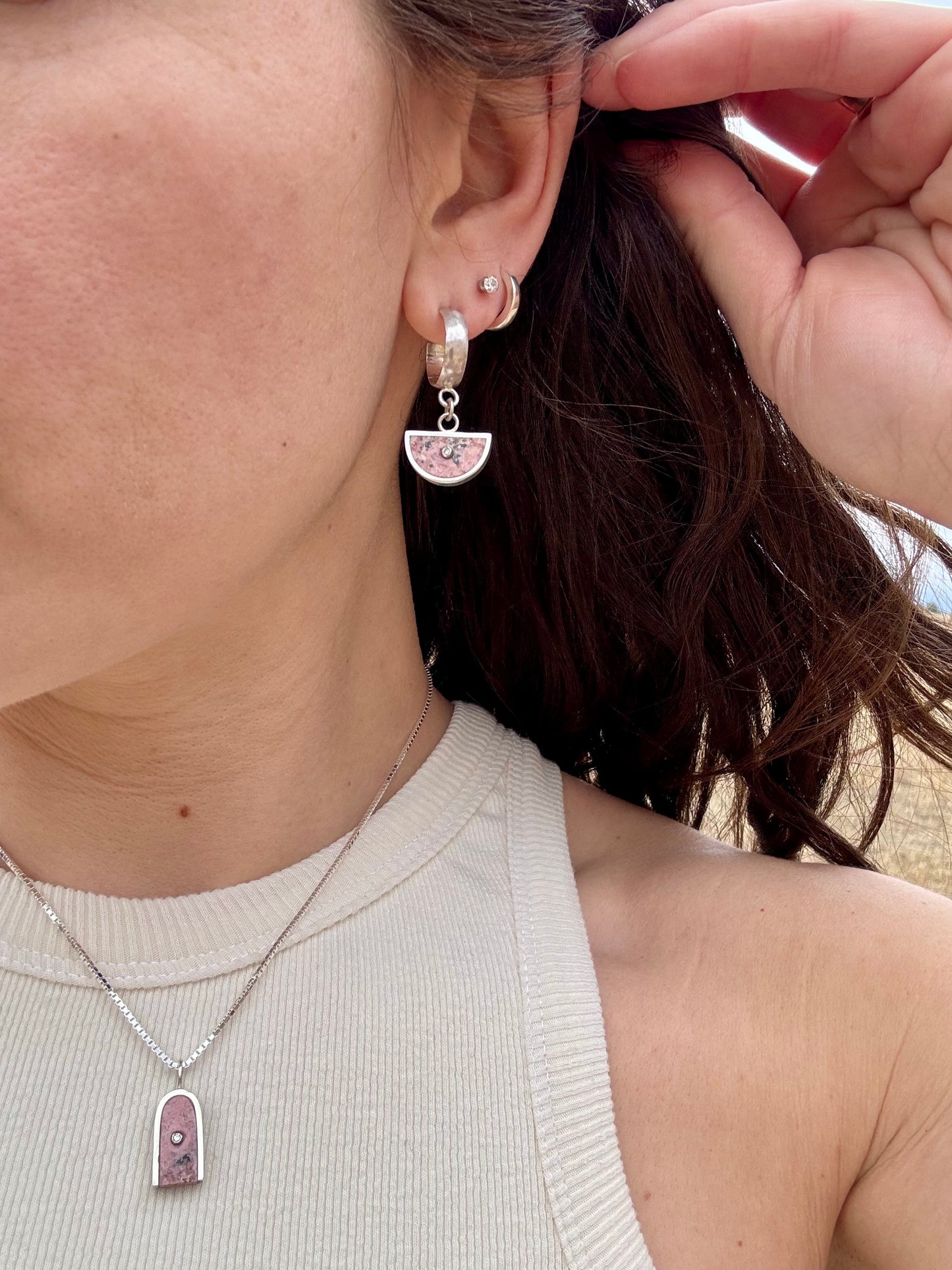 Arc Necklace | Silver & 14k Gold | Rhodonite & Diamond