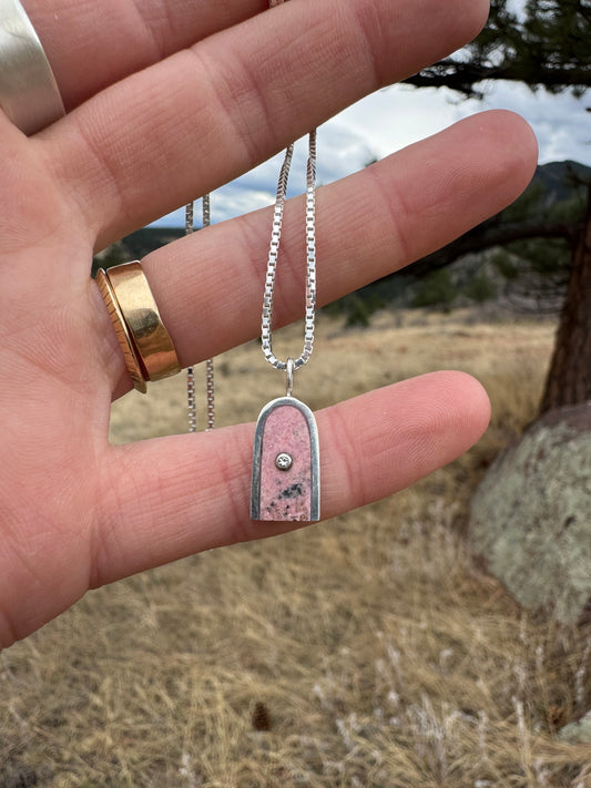 Arc Necklace | Silver & 14k Gold | Rhodonite & Diamond