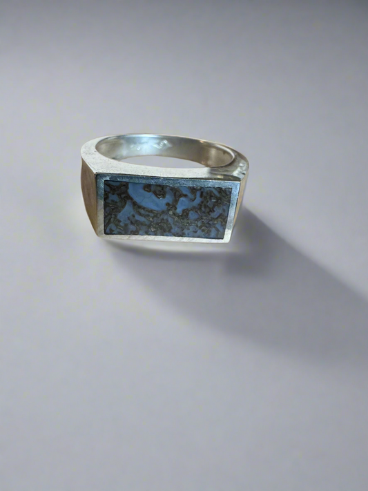 Wide Signet Ring | Silver | Blue Dino Bone| Size 9