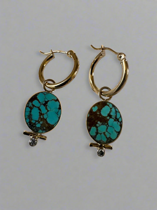 Yucca Hoop Earrings | 14k Gold | Number 8 Turquoise & Natural Diamonds | Made to Order