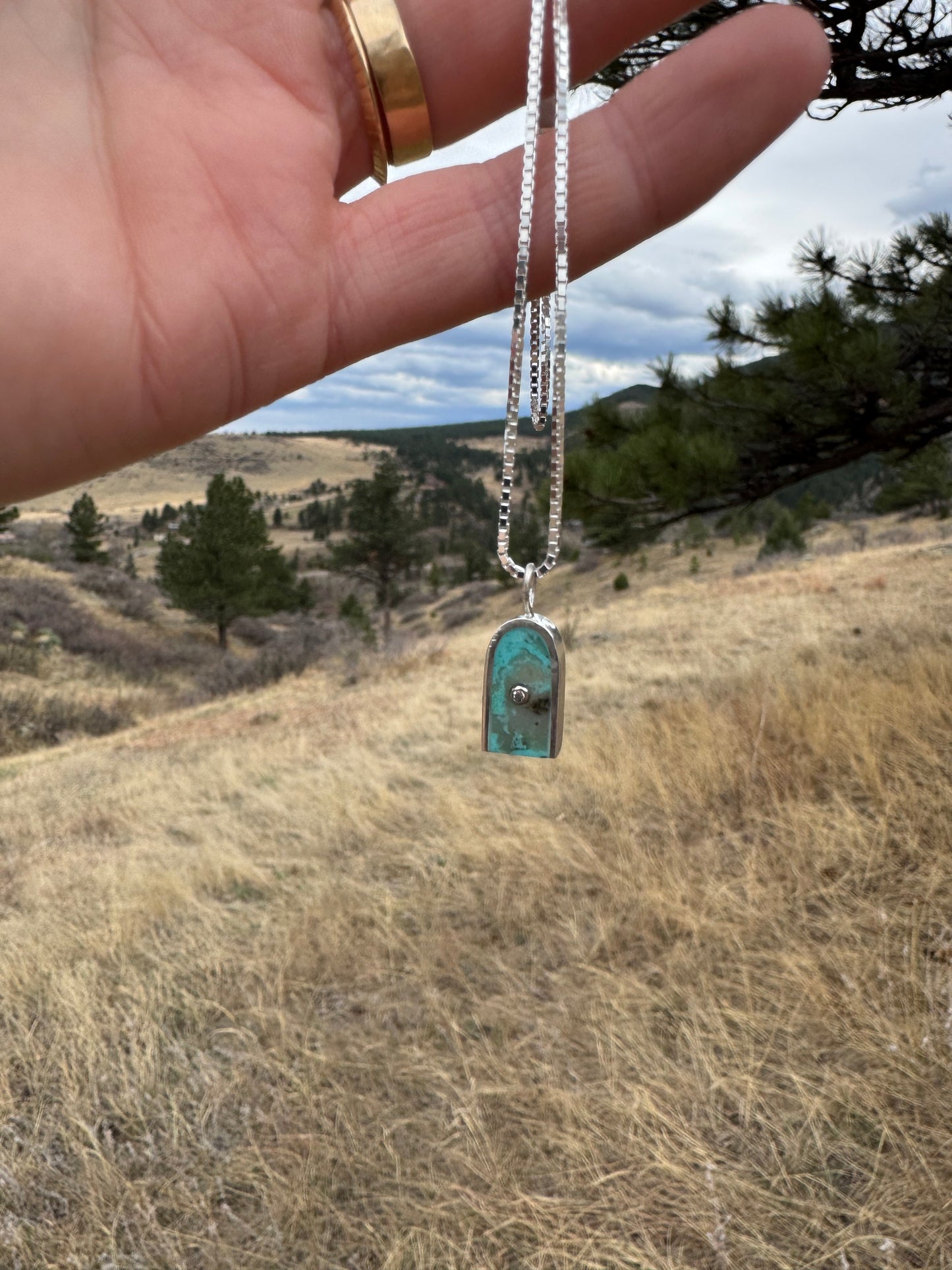 Arc Necklace | Silver & 14k Gold | Kingman Turquoise & Diamond