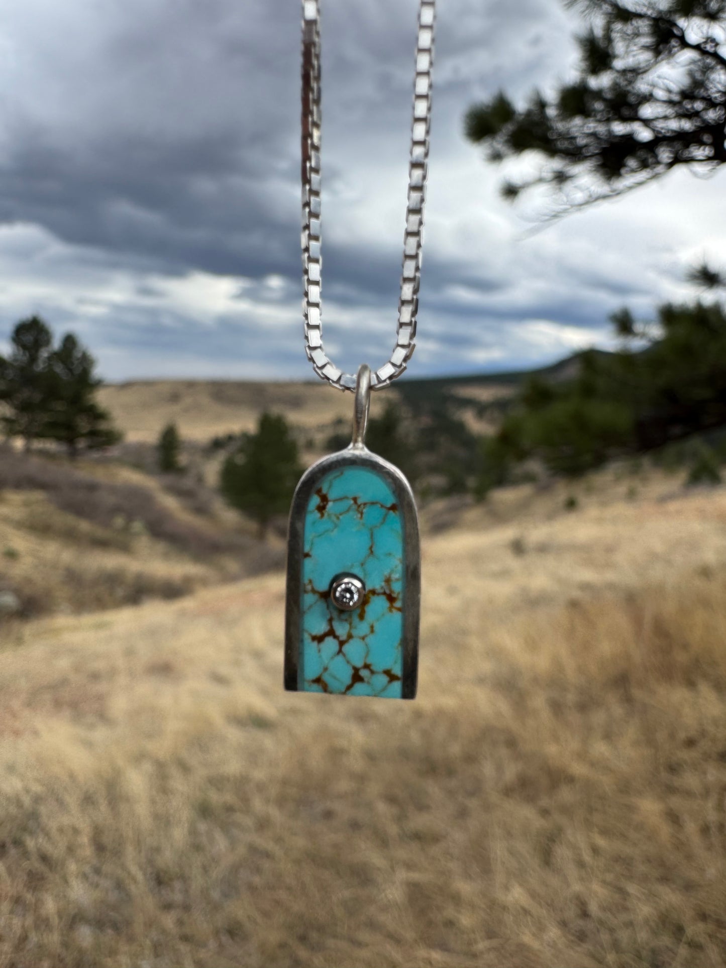 Arc Necklace | Silver & 14k Gold | Number 8 Turquoise & Diamond