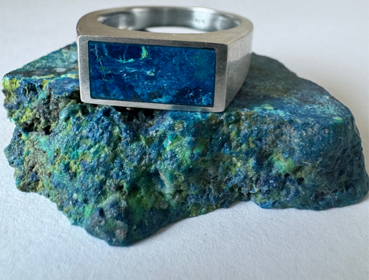 Wide Signet Ring | Silver | Parrot Wing Chrysocolla | Size 10.5