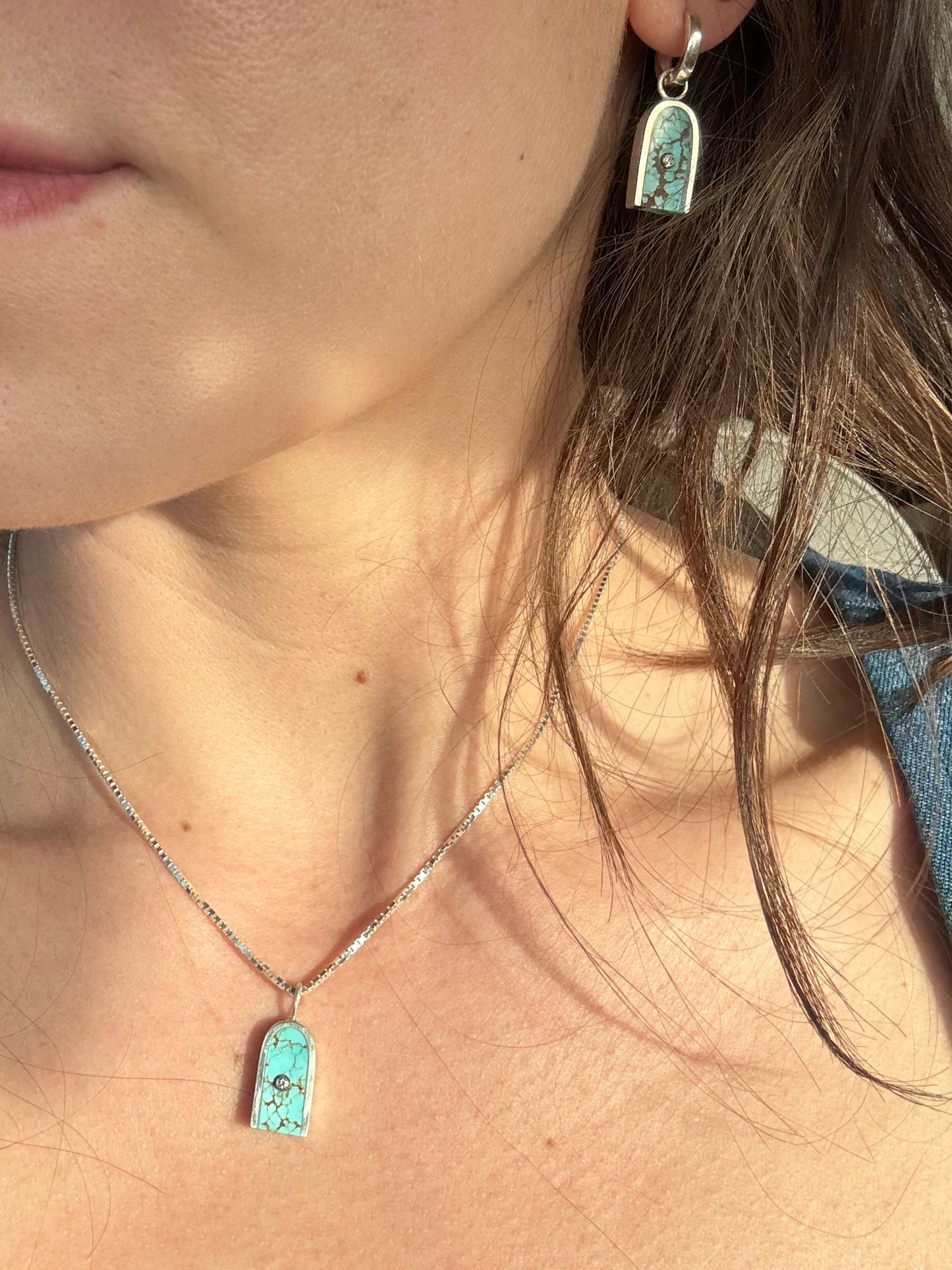 Arc Necklace | Silver & 14k Gold | Number 8 Turquoise & Diamond