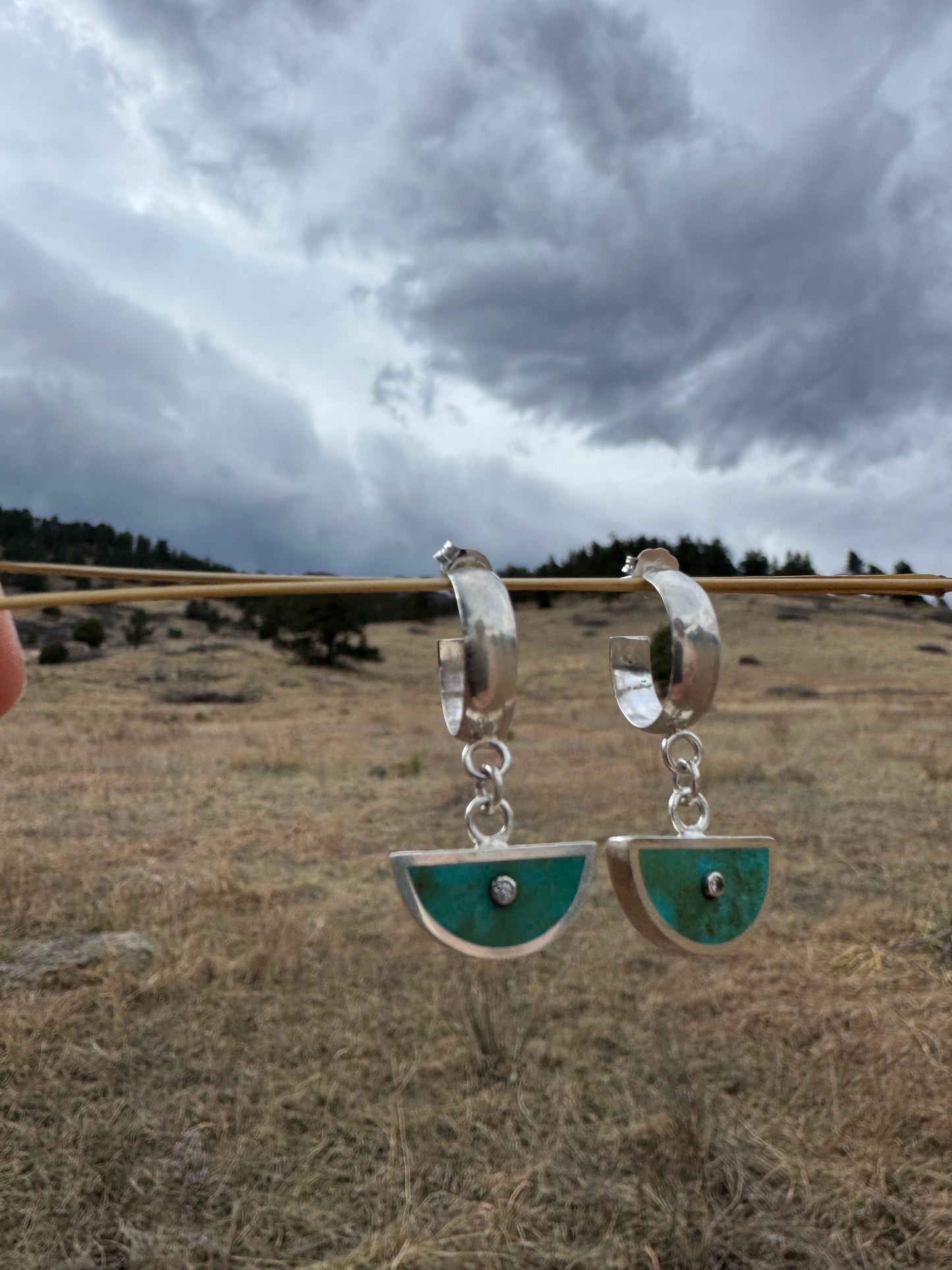 Wide Arc Earrings | Silver & 14k Gold | Patagonia Turquoise & Diamonds